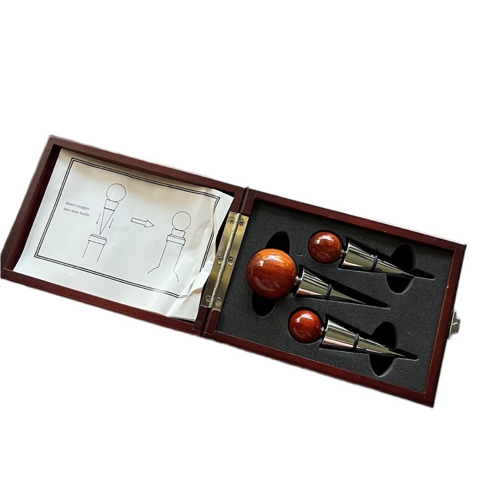 Wooden Ball End Wine Stoppers (3) Stainless Steel w/ Wooden Case Snap Closure